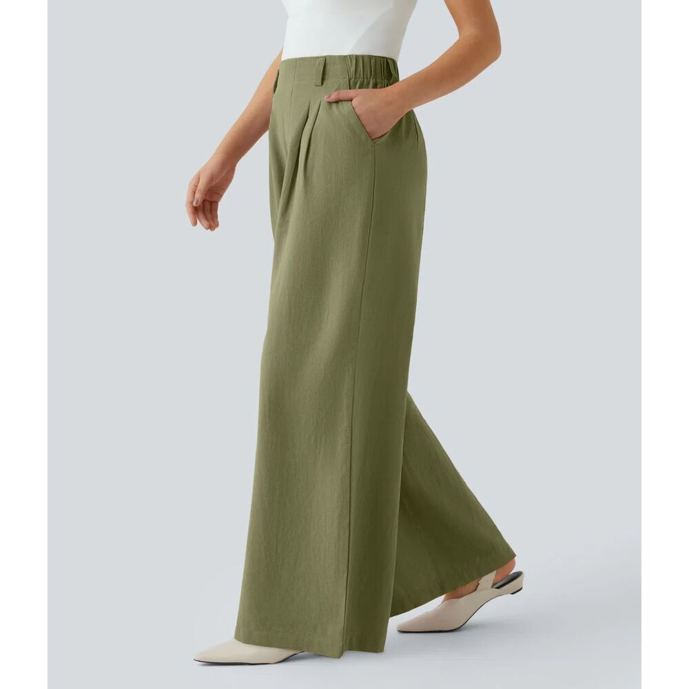 NWT Halara High Waisted Wide Leg Flowy Solid Palazzo Casual Linen-Feel Pants XL